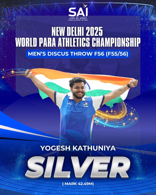 Yogesh Khatuniya Wins Silver in Men’s Discus Throw F56 at World Para Athletics Championship