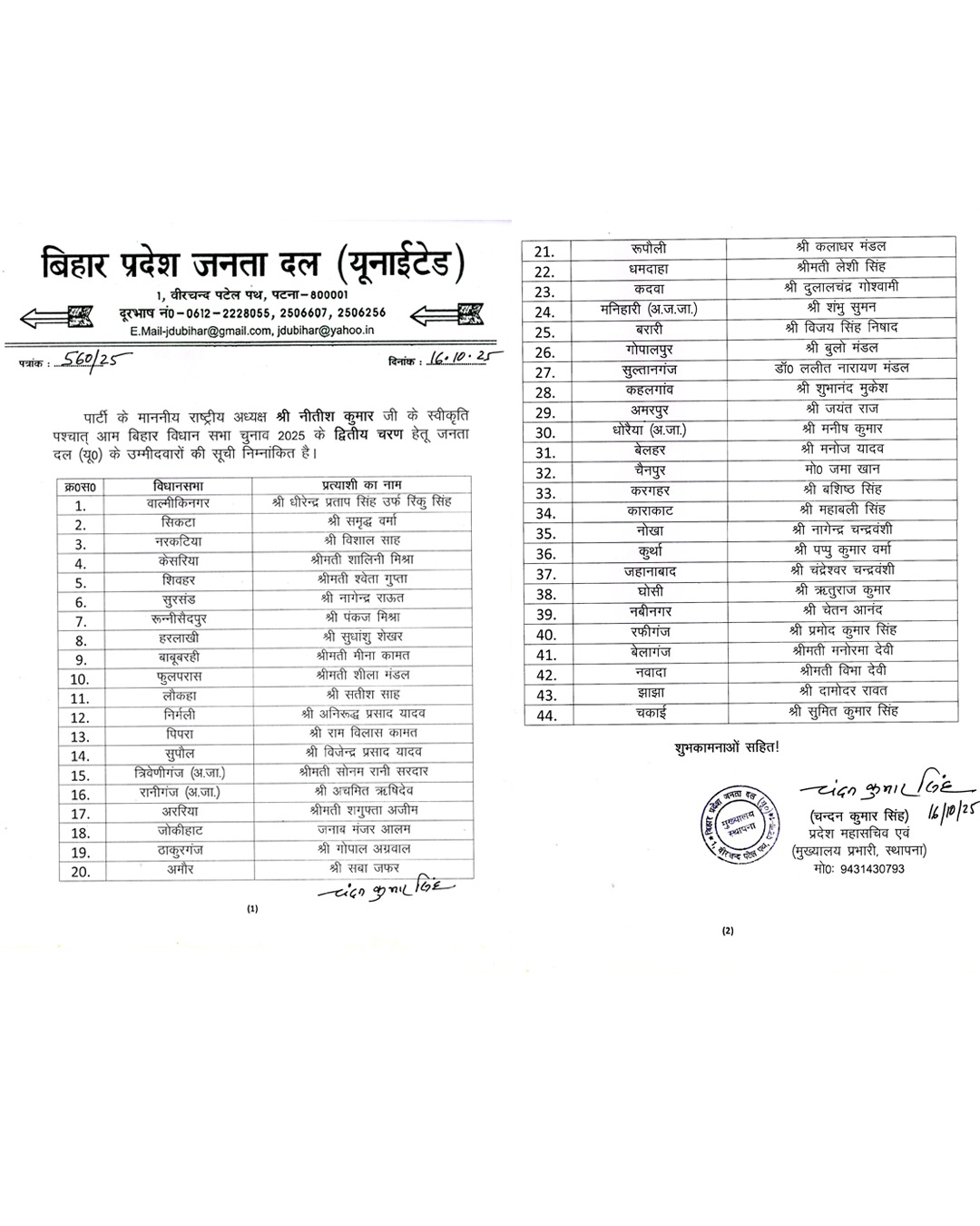 बिहार विधानसभा चुनाव 2025 के लिए जेडीयू ने अपनी दूसरी लिस्ट जारी की, 44 उम्मीदवारों के नाम घोषित
