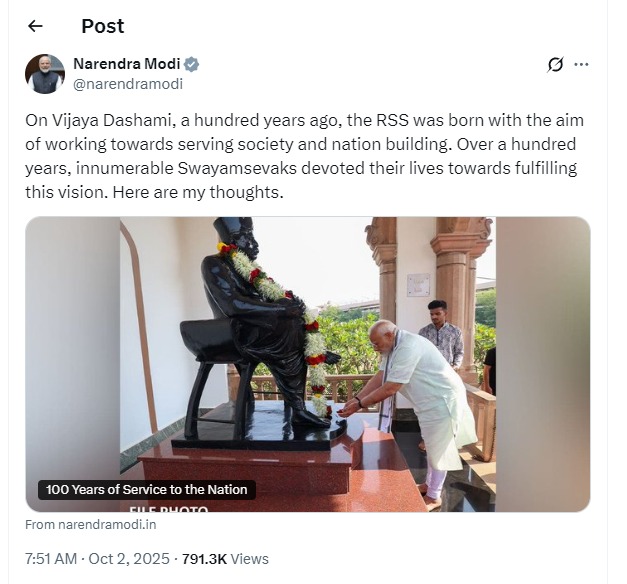 प्रधानमंत्री मोदी ने राष्ट्रीय स्वयंसेवक संघ की शताब्दी पर विचार साझा किए