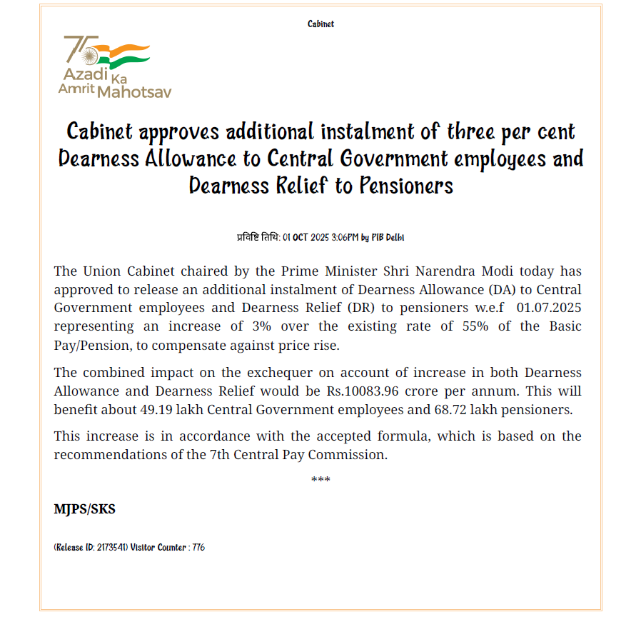 কেন্দ্রীয় মন্ত্রিসভা, সরকারী কর্মচারী ও পেনশনভোগীদের জন্য আরও তিন শতাংশ মহার্ঘ্যভাতা ঘোষণা করেছে
