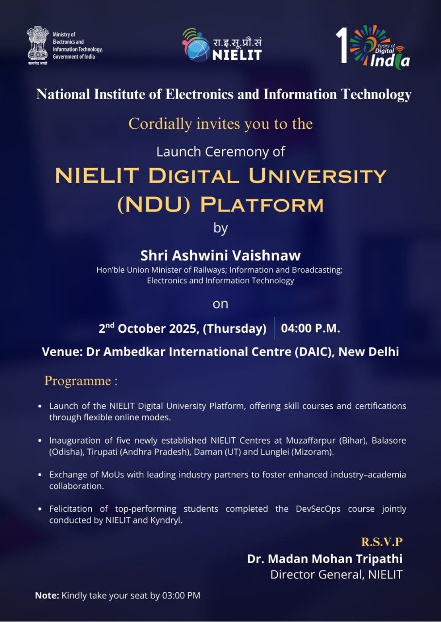 Ashwini Vaishnaw to Inaugurate NIELIT Digital University Platform in Delhi
