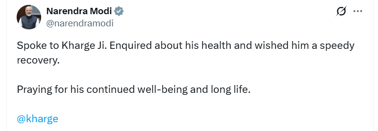प्रधानमंत्री मोदी ने कांग्रेस अध्यक्ष मल्लिकार्जुन खरगे के स्वास्थ्य की जानकारी ली