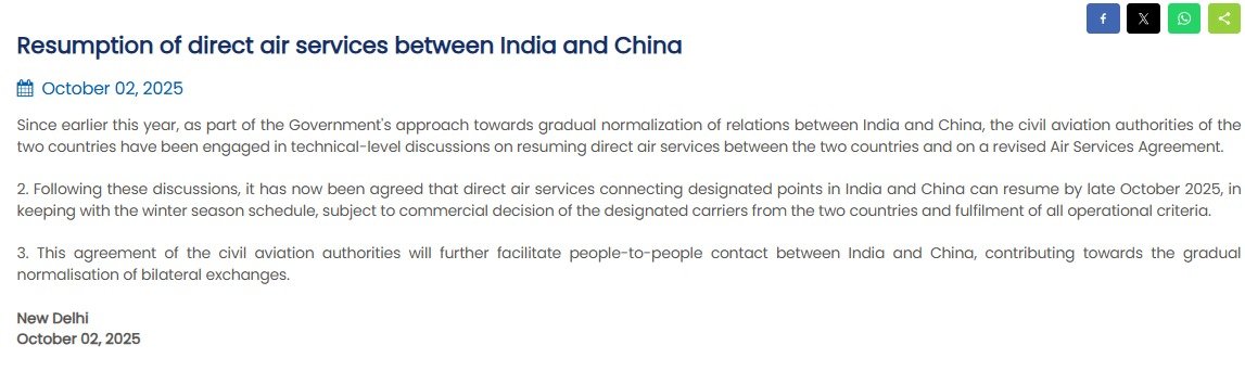ભારત અને ચીન નિર્ધારિત સ્થળોને જોડતી સીધી હવાઈ સેવાઓ ફરી શરૂ કરવા સંમત થયા.