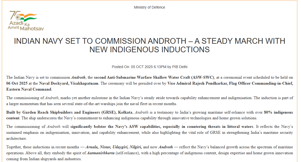 Indian Navy to Commission INS Androth in Visakhapatnam Tomorrow