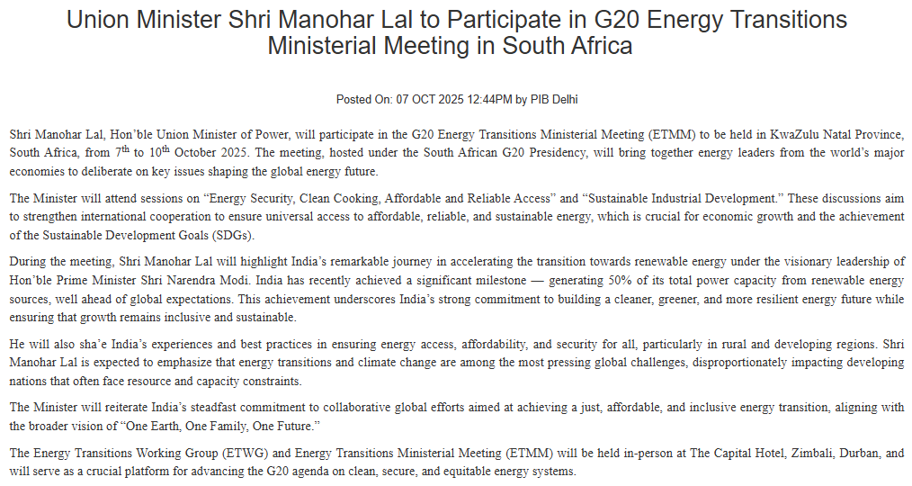 Power Minister Manohar Lal to attend G20 Energy meet in South Africa