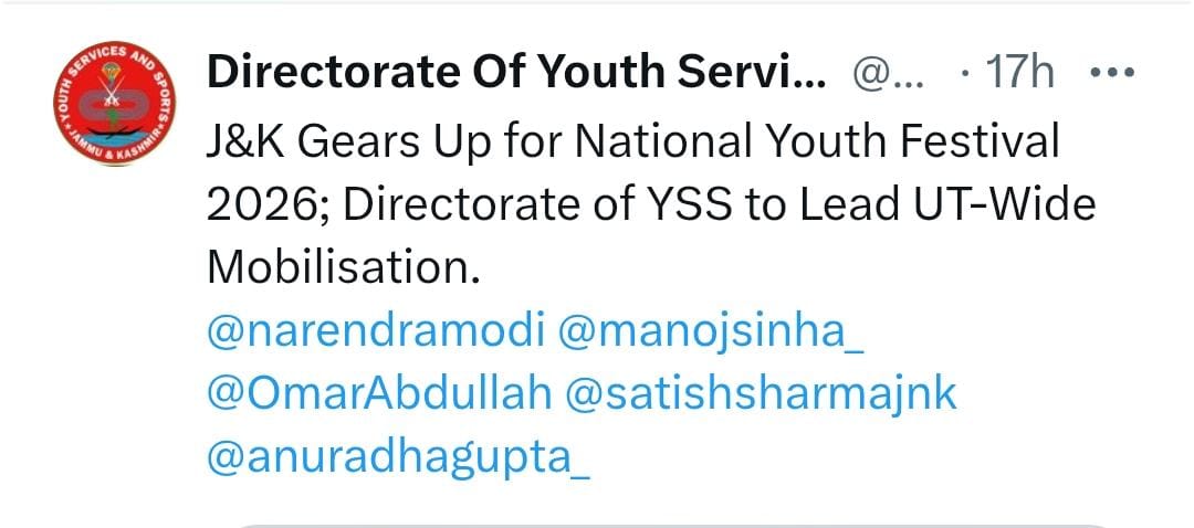 J&K’s Youth Services Directorate Appointed Nodal Agency for National Youth Festival 2026