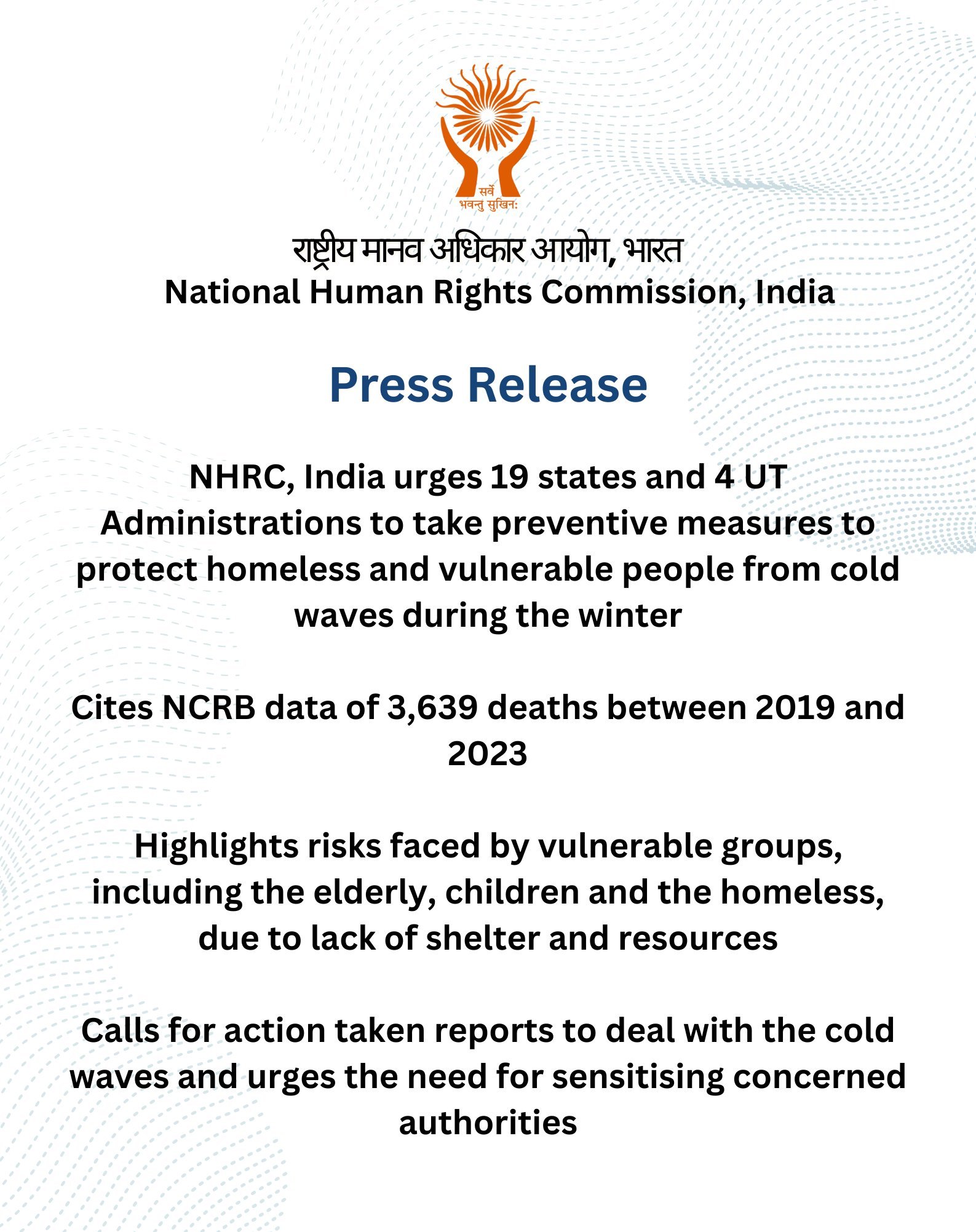 NHRC Urges 19 States, 4 UTs to Take Preemptive Measures Against Cold Waves