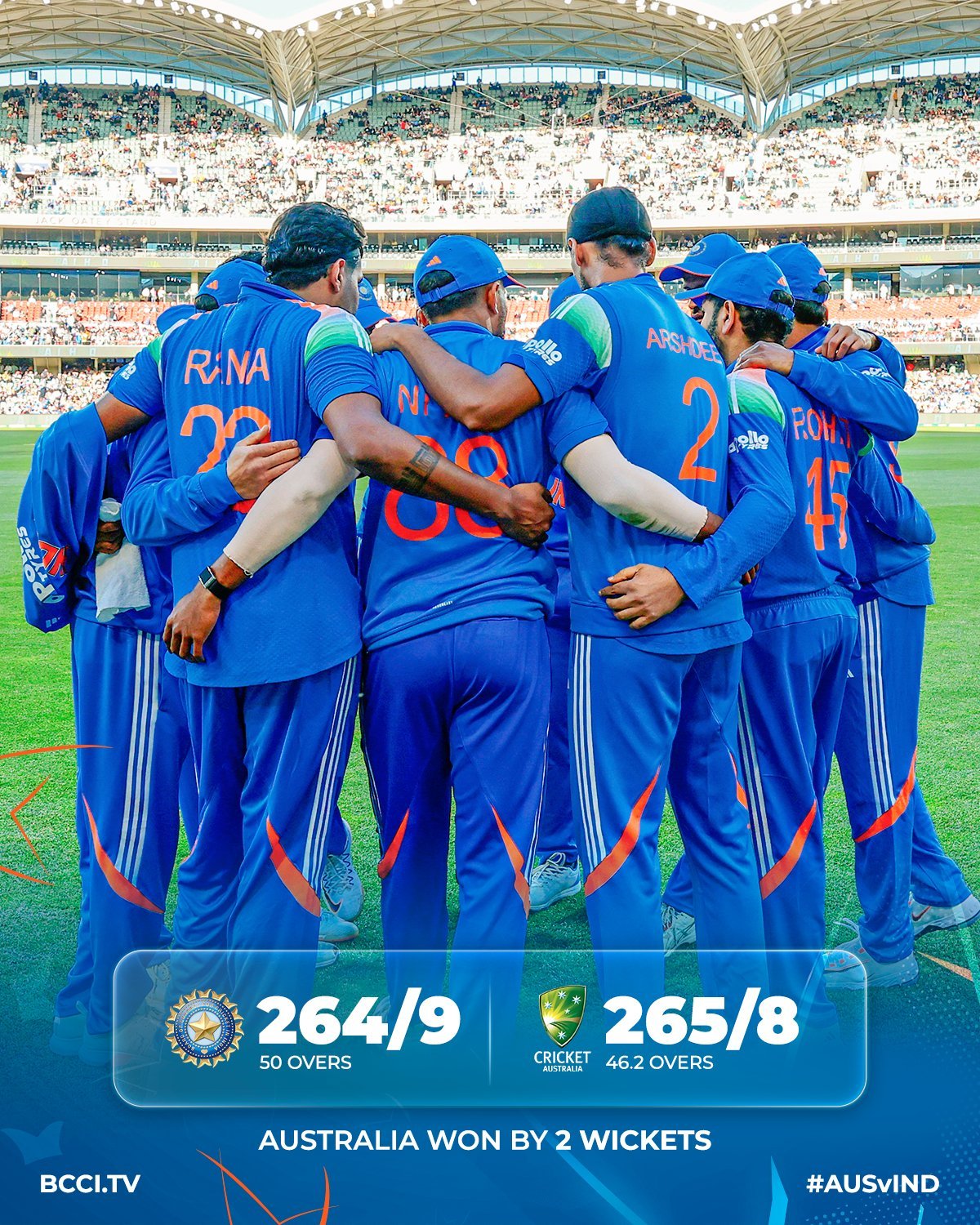 भारत और ऑस्ट्रेलिया के बीच खेली जा रही तीन, एकदिवसीय मैचों की श्रृंखला के दूसरे मैच में ऑस्‍ट्रेलिया ने भारत को दो विकेट से हराया