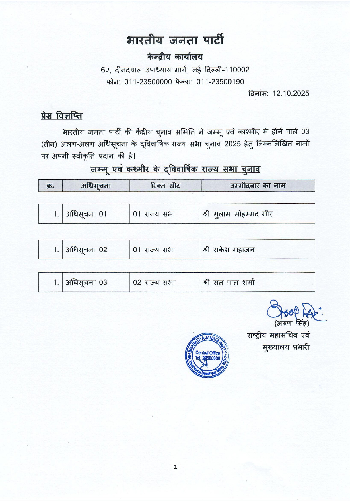 जम्मू-कश्मीर में तीन राज्यसभा सीटों के लिए भाजपा के उम्मीदवार नामांकन पत्र दाखिल करेंगे