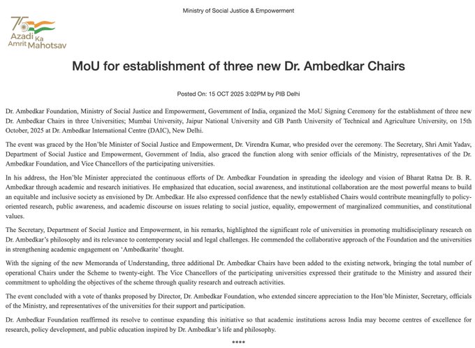 Dr. Ambedkar Foundation, Mumbai University Sign MoU to Establish Research Chair