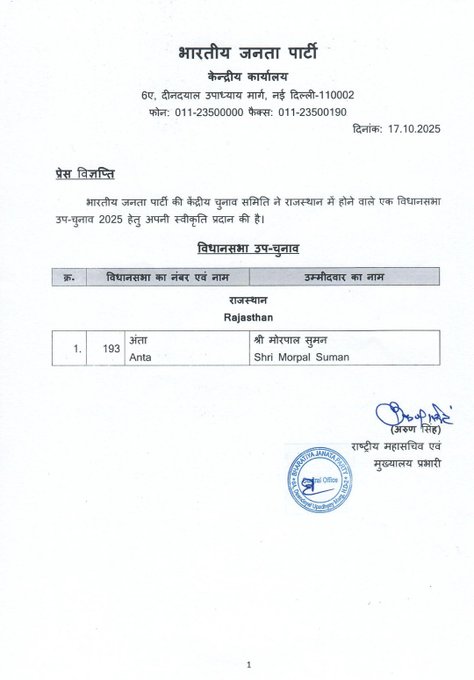 राजस्थान: भारतीय जनता पार्टी ने अंता विधानसभा सीट से मोरपाल सुमन को मैदान में उतारा