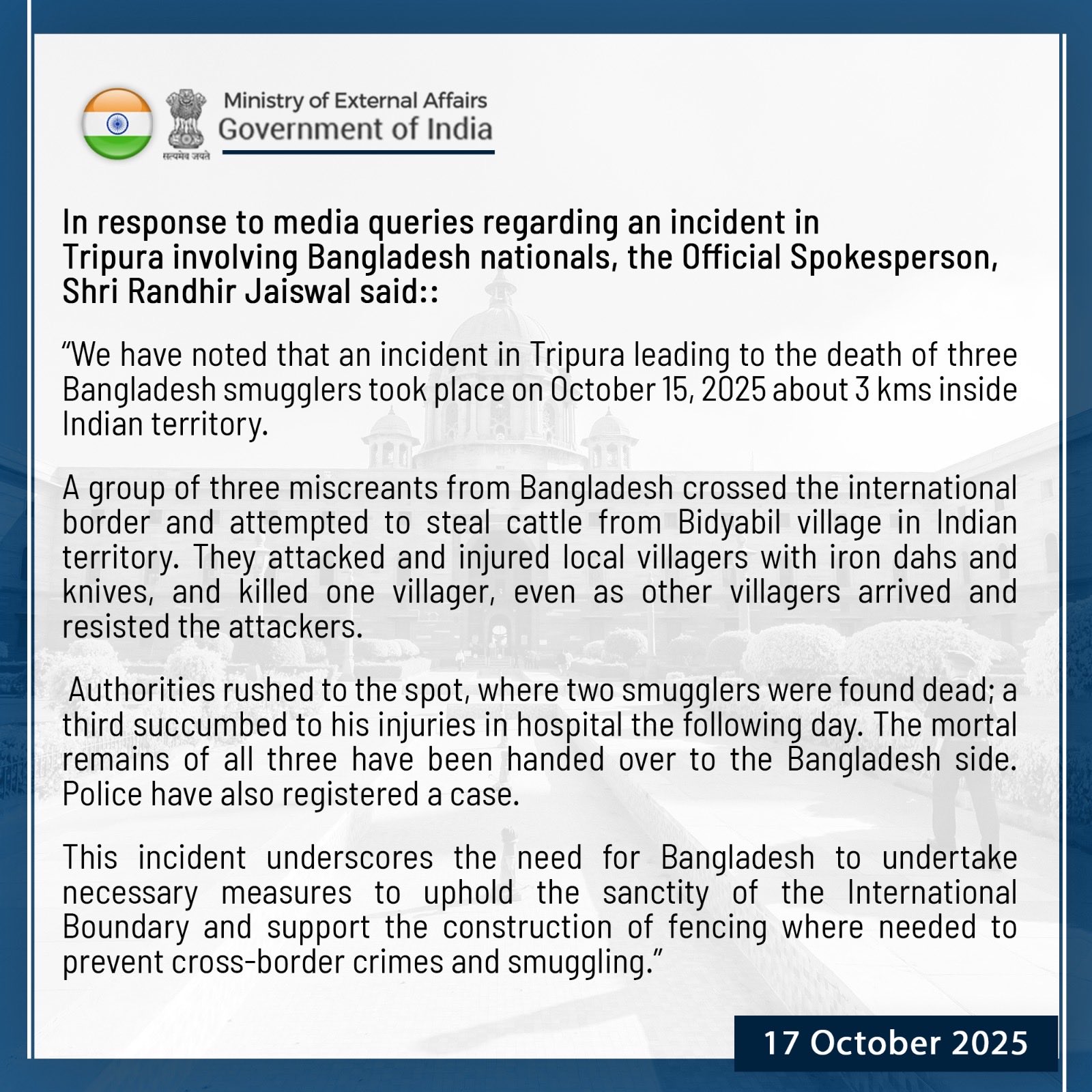 India Urges Bangladesh to Prevent Cross-Border Crimes After Tripura Incident