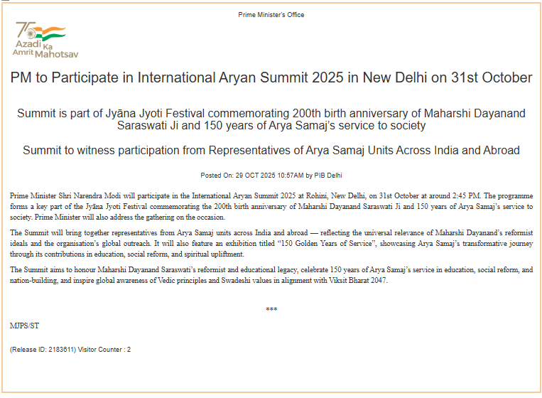 PM Narendra Modi to Address International Aryan Summit 2025 in New Delhi on Oct 31