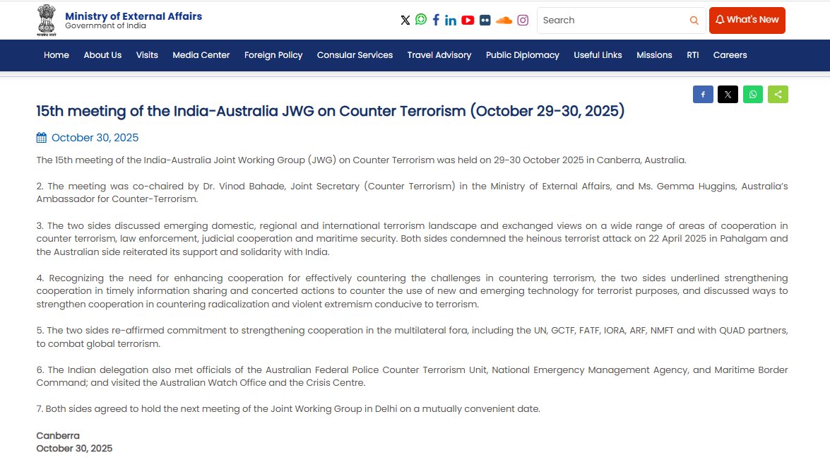 India and Australia Hold Joint Working Group Meeting on Counter Terrorism in Canberra
