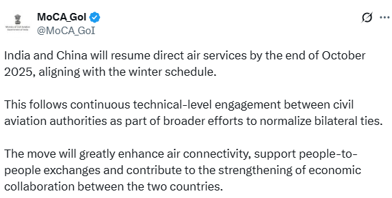 India and China agree to resume direct air services by late October