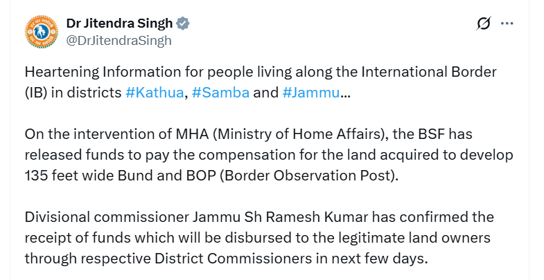 BSF Releases Funds for Land Compensation Along International Border in Jammu, Kathua and Samba Districts