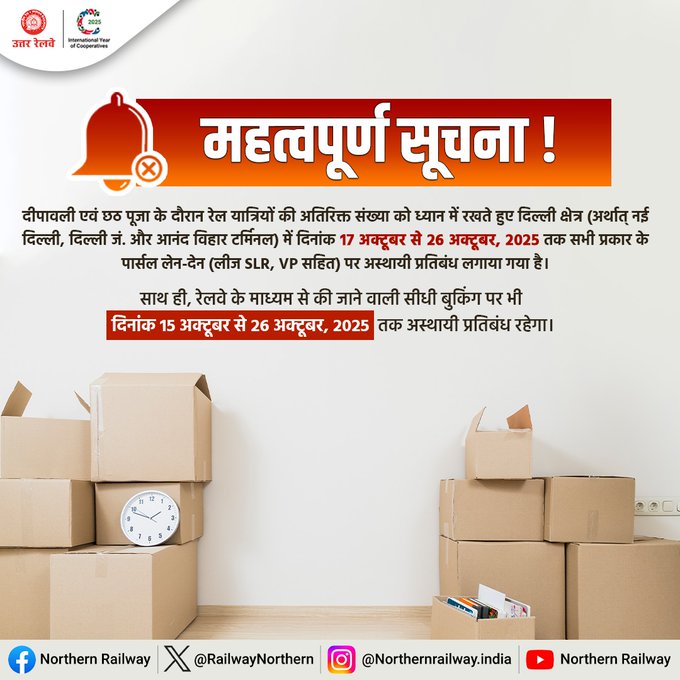 उत्तरी दिल्ली रेलवे विभाग ने पार्सल यातायात पर 17 से 26 अक्तूबर तक लगाया अस्थाई प्रतिबंध