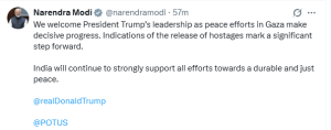 PM Modi says India will continue to strongly support all efforts towards durable & just peace