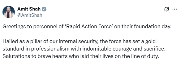 केंद्रीय गृह मंत्री अमित शाह ने रैपिड एक्शन फोर्स के स्थापना दिवस पर कार्मिको को बधाई दी