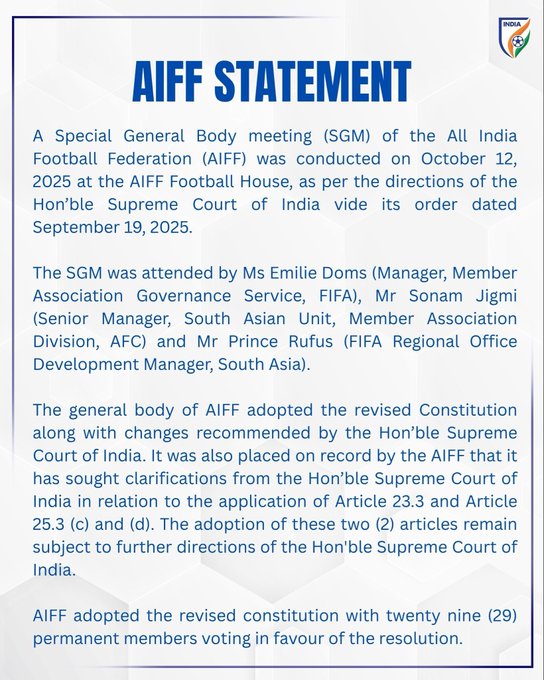 AIFF Adopts Supreme Court-Approved Constitution at Special General Body Meeting