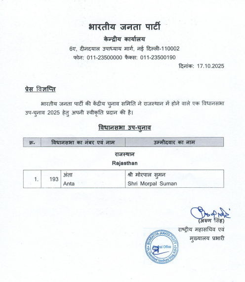 BJP Fields Morpal Suman for Anta Assembly Bypoll in Rajasthan