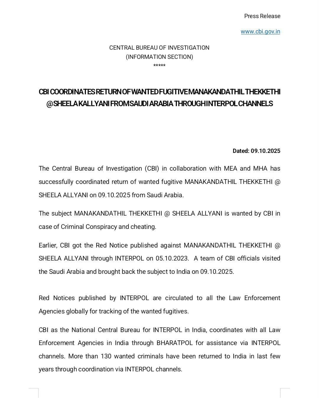 CBI successfully brings back fugitive Manakandathil Thekkethi from Saudi Arabia