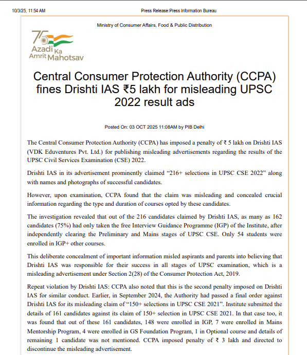 CCPA fines Delhi-NCR coaching institute ₹5 lakh for misleading UPSC CSE 2022 ads