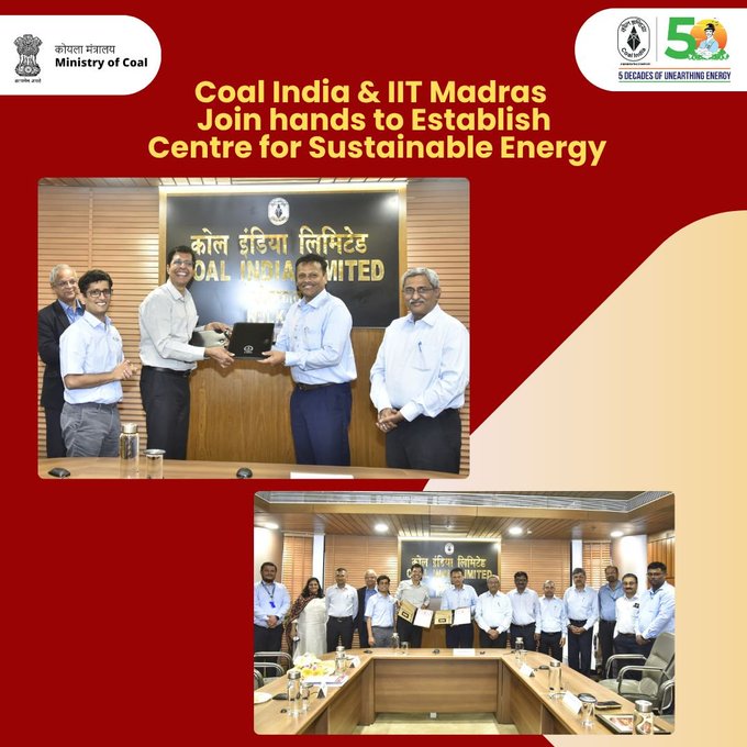 कोल इंडिया लिमिटेड ने आईआईटी मद्रास के साथ सतत ऊर्जा केन्द्र की स्थापना के लिए किया समझौता