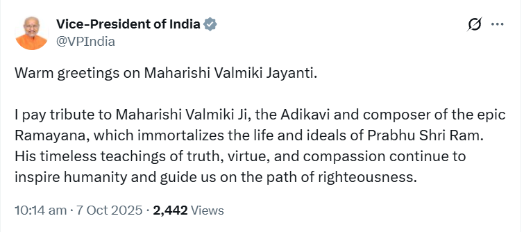 Vice President CP Radhakrishnan Extends Wishes on Valmiki Jayanti