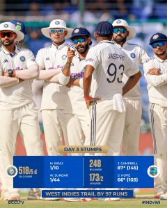 West Indies Resume at 173/2, Trail by 97 Against India on Day 4 in Delhi Test