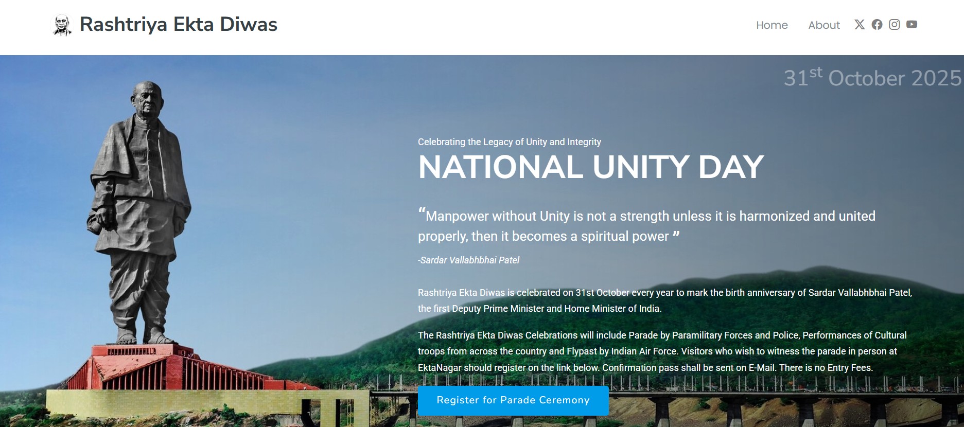 સરદાર વલ્લભભાઈ પટેલની 150મી જન્મજયંતિ નિમિત્તે આગામી 31 ઓક્ટોબરે એકતા નગર ખાતે પ્રધાનમંત્રી નરેન્દ્ર મોદીની ઉપસ્થિતિમાં રાષ્ટ્રીય એકતા પરેડ યોજાશે.