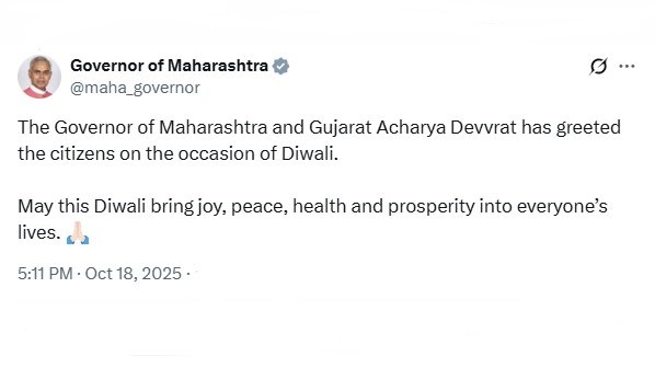 Maharashtra and Gujarat Governor Acharya Devvrat Extends Diwali Greetings