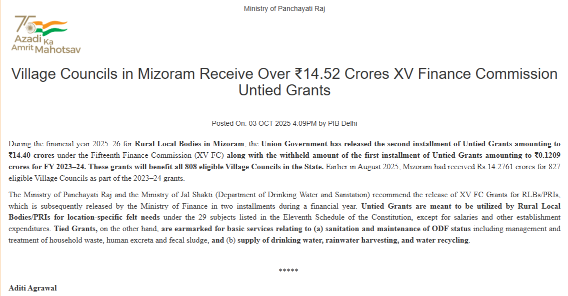 Centre Releases ₹14.4 Crore Grant to Mizoram’s Rural Local Bodies