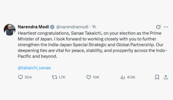 PM Modi Congratulates Takaichi on Becoming Japan’s Prime Minister