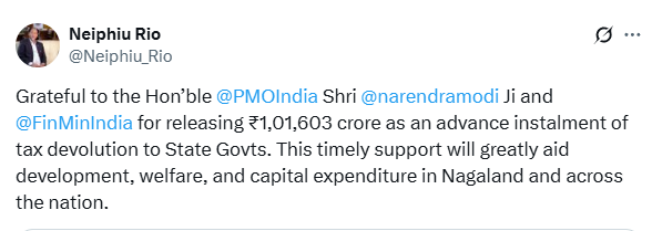 Nagaland CM Neiphiu Rio thanks PM Modi, FM for advance tax devolution release