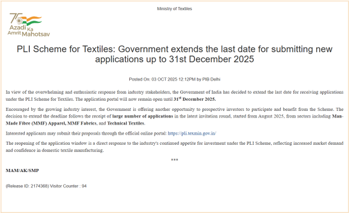 Govt extends last date for new applications under PLI scheme for textiles