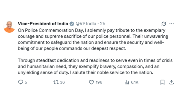 Vice President Radhakrishnan Pays Tribute on Police Commemoration Day