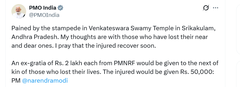 PM Modi, Andhra Government Announce Compensation for Victims of Kasibugga Tragedy