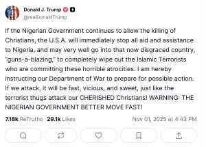 US President Donald Trump Orders Department of War to Prepare for Possible Military Action in Nigeria