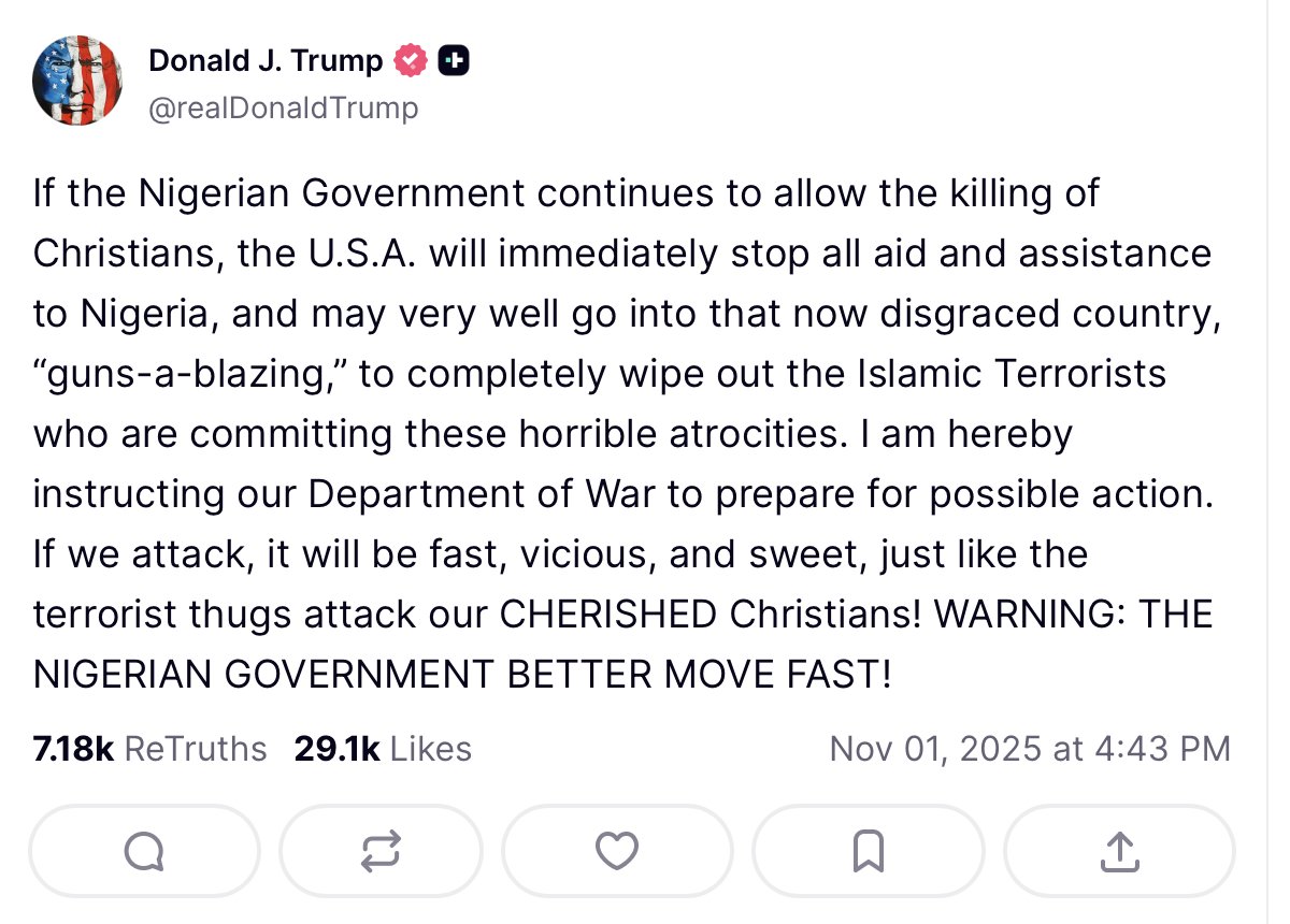 US President Donald Trump Orders Department of War to Prepare for Possible Military Action in Nigeria