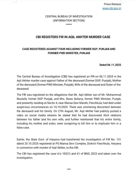 CBI Registers FIR in Aqil Akhter Murder Case Against Former Punjab DGP and Ex-Minister