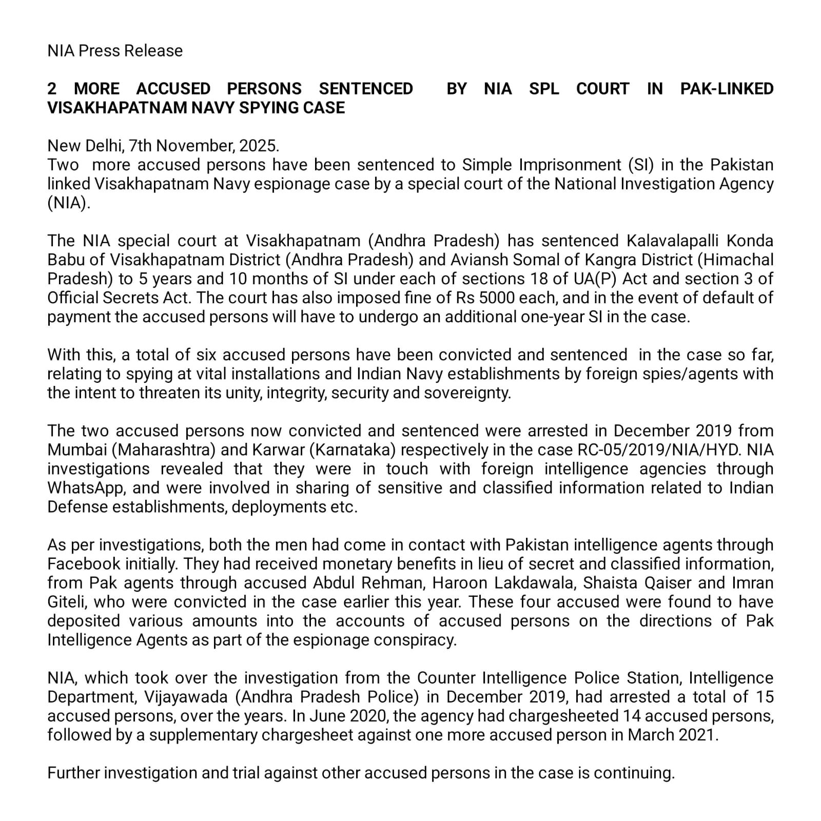 Two Get Over 5 Years Jail in Pakistan-Linked Vizag Navy Espionage Case