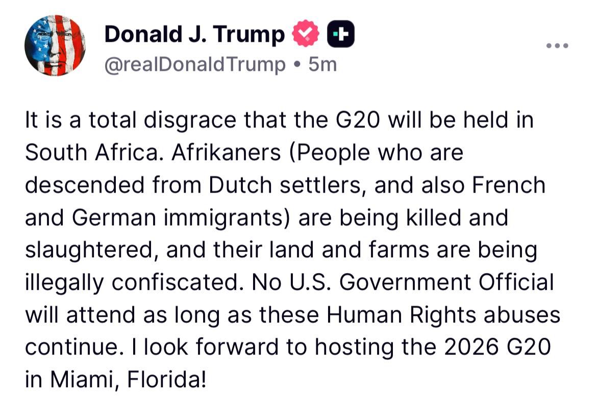 US to Skip G20 in South Africa Over Farmer Allegations