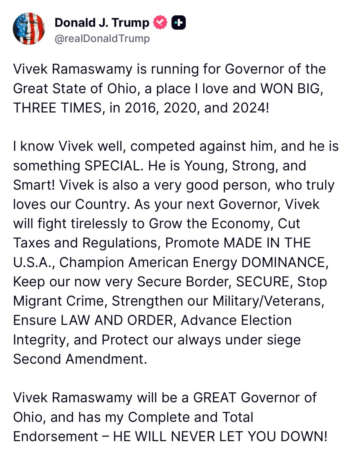 Trump Endorses Vivek Ramaswamy for Ohio Governor Ahead of 2026 Elections