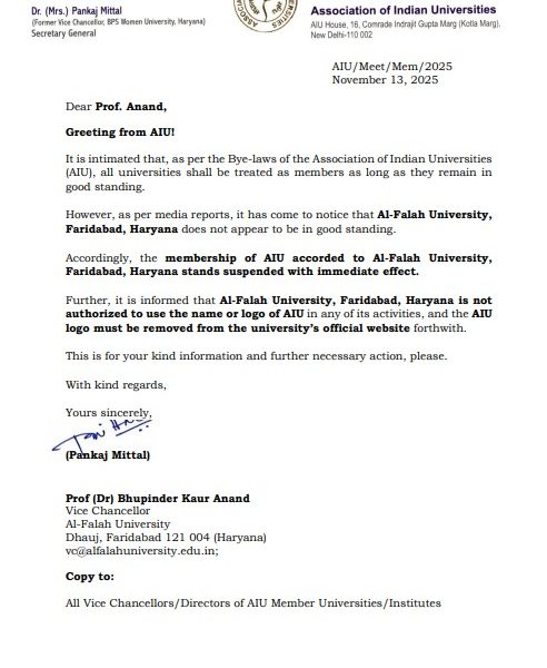 Association of Indian Universities suspends Al-Falah University membership citing lack of good standing