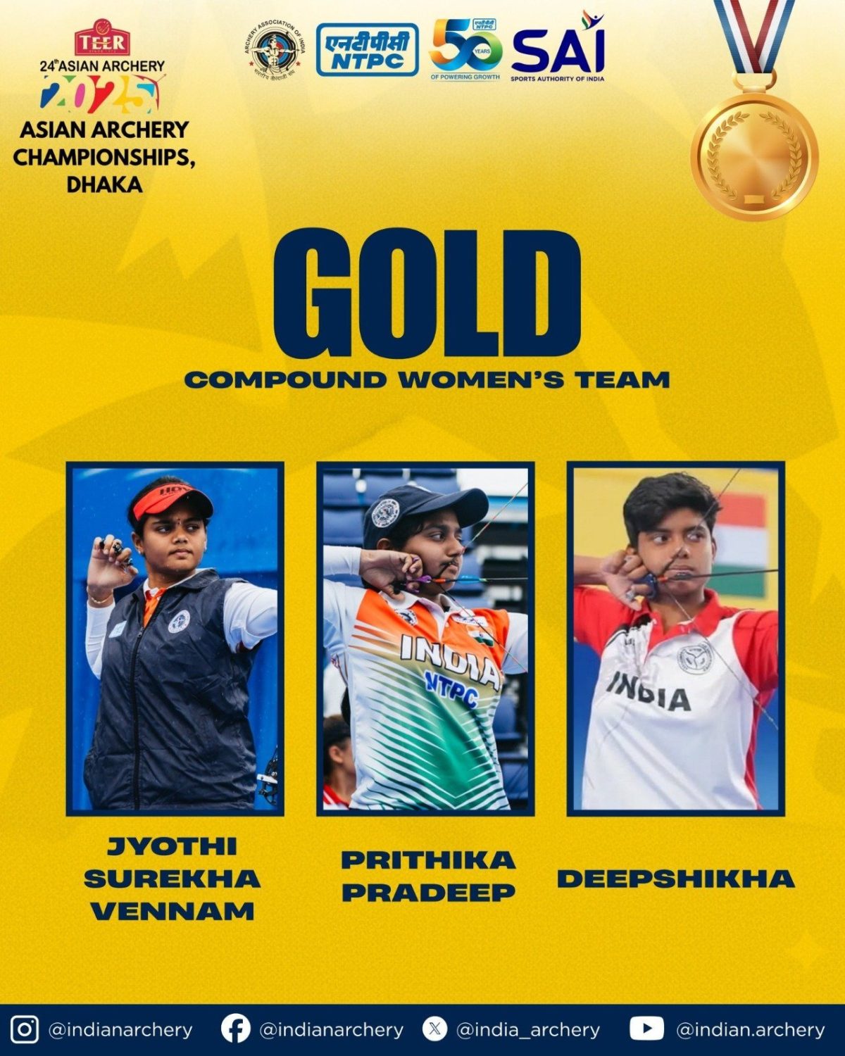 India clinches three gold and two silver medals at 24th Asian Archery Championships in Dhaka