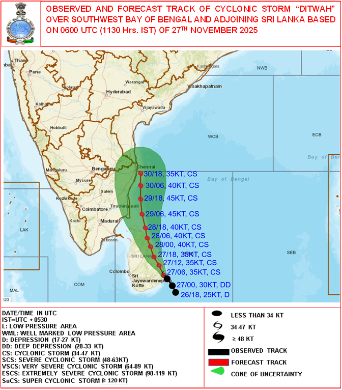 Cyclone Ditwah moves toward Tamil Nadu Coast at 7–10 kmph