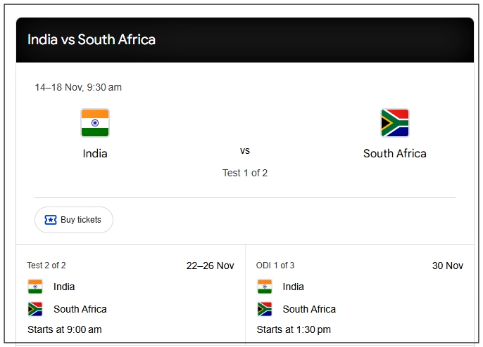 ভাৰত আৰু দক্ষিণ আফ্ৰিকাৰ মাজত টেষ্ট ক্রিকেট শৃংখলাৰ প্ৰথমখন খেল ১৪ নৱেম্বৰত ক’লকাতাৰ ইডেন গার্ডেনছত অনুষ্ঠিত হ’ব