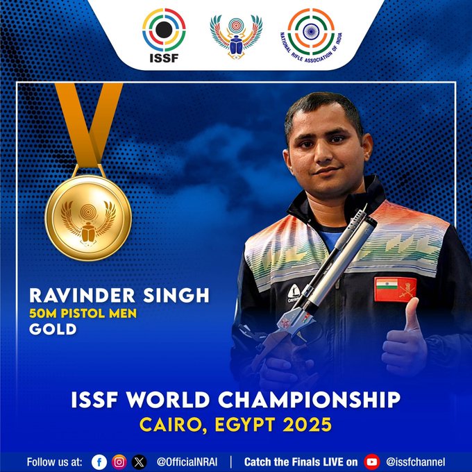 Ravinder Singh Wins Gold in Men’s 50m Pistol at ISSF World Championships; India Secures Team Silver