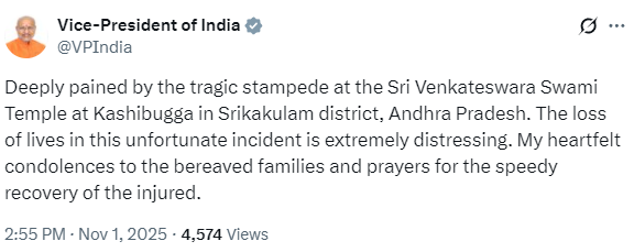 उप-राष्ट्रपति सी. पी. राधाकृष्णन ने आंध्र प्रदेश के स्वामी मंदिर में हुई भगदड़ पर दुख व्यक्त किया